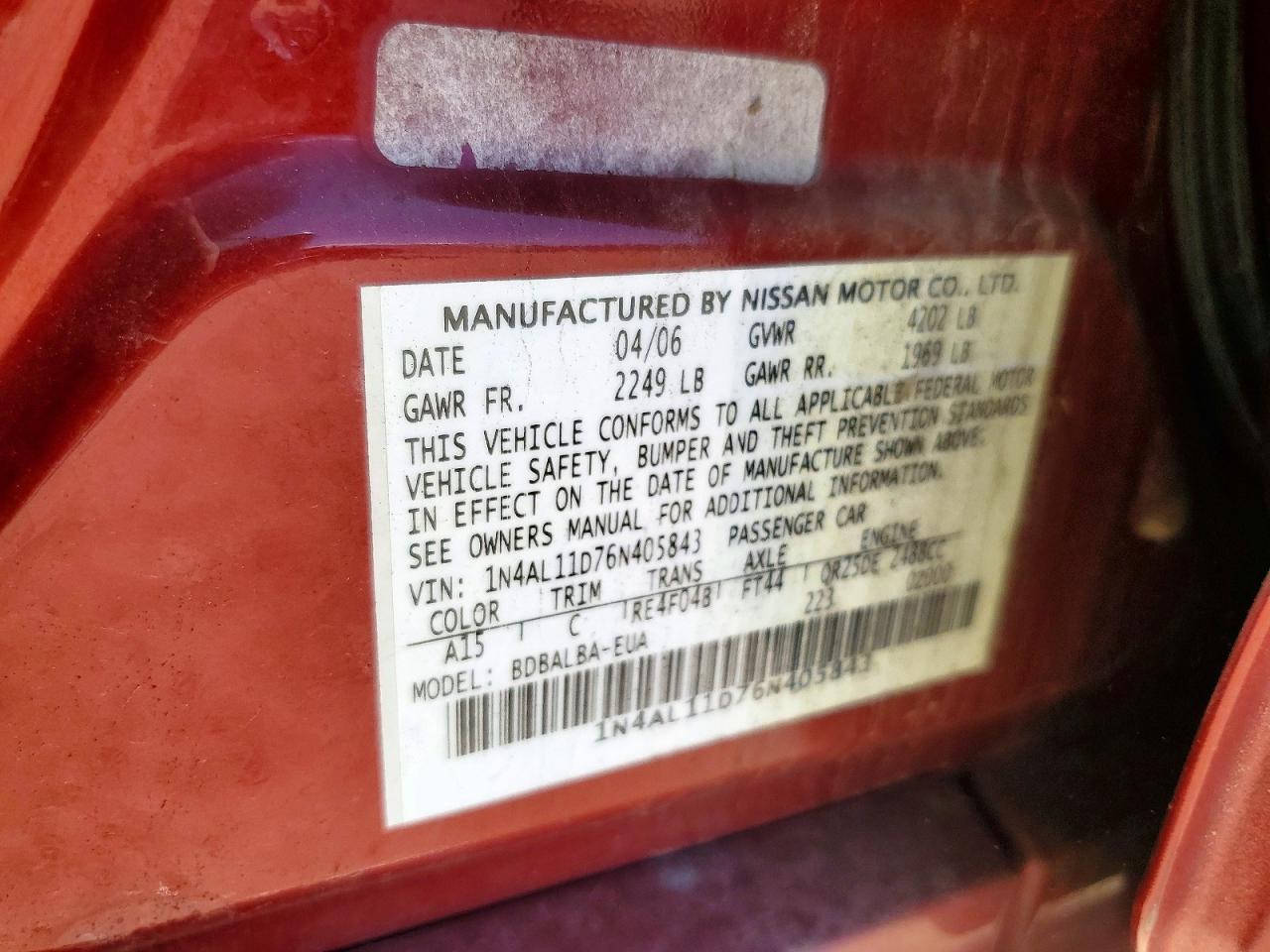 2006 Nissan Altima 2.5 Red vin: 1N4AL11D76N405843