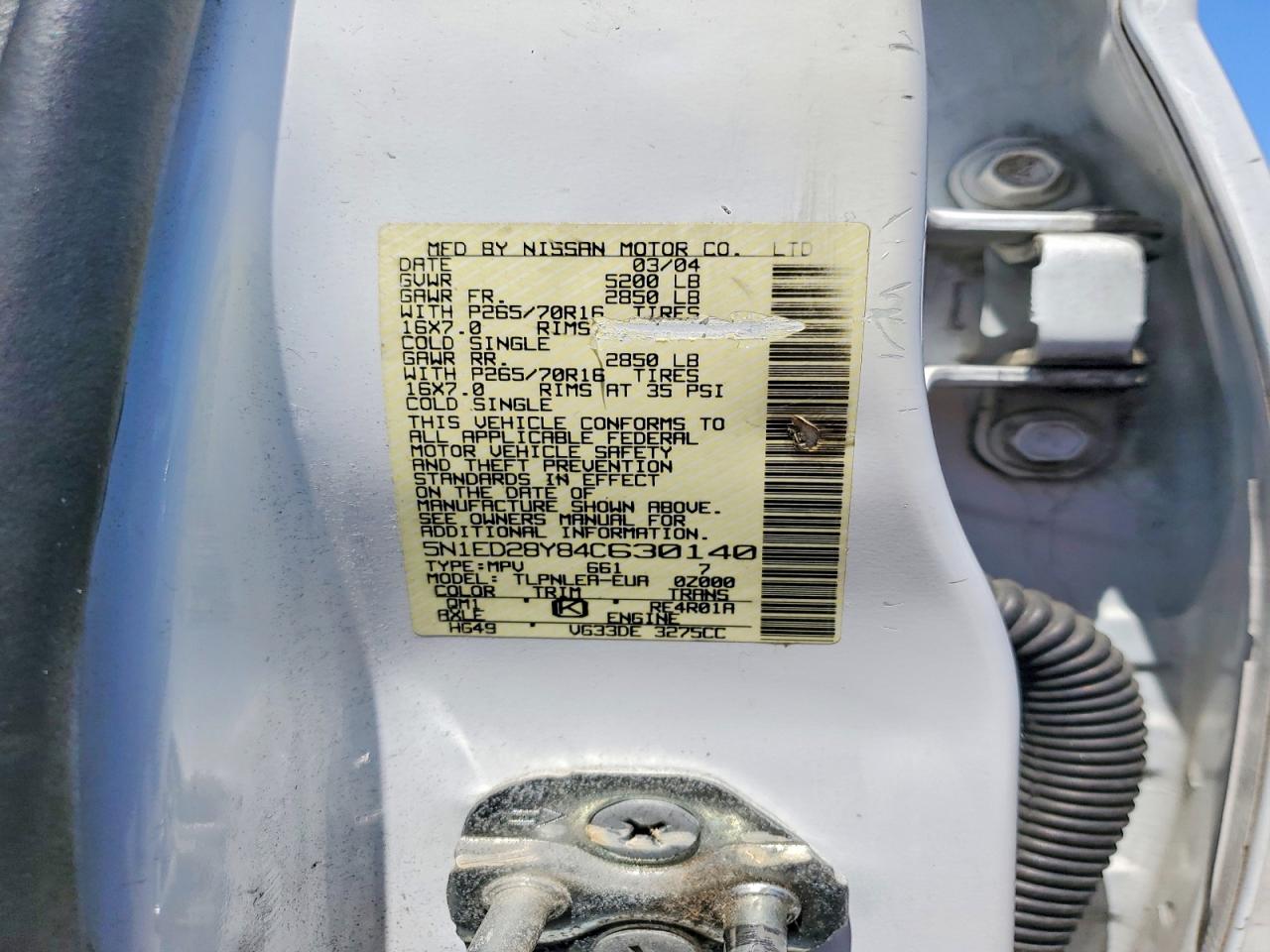 2004 Nissan Xterra Xe White vin: 5N1ED28Y84C630140