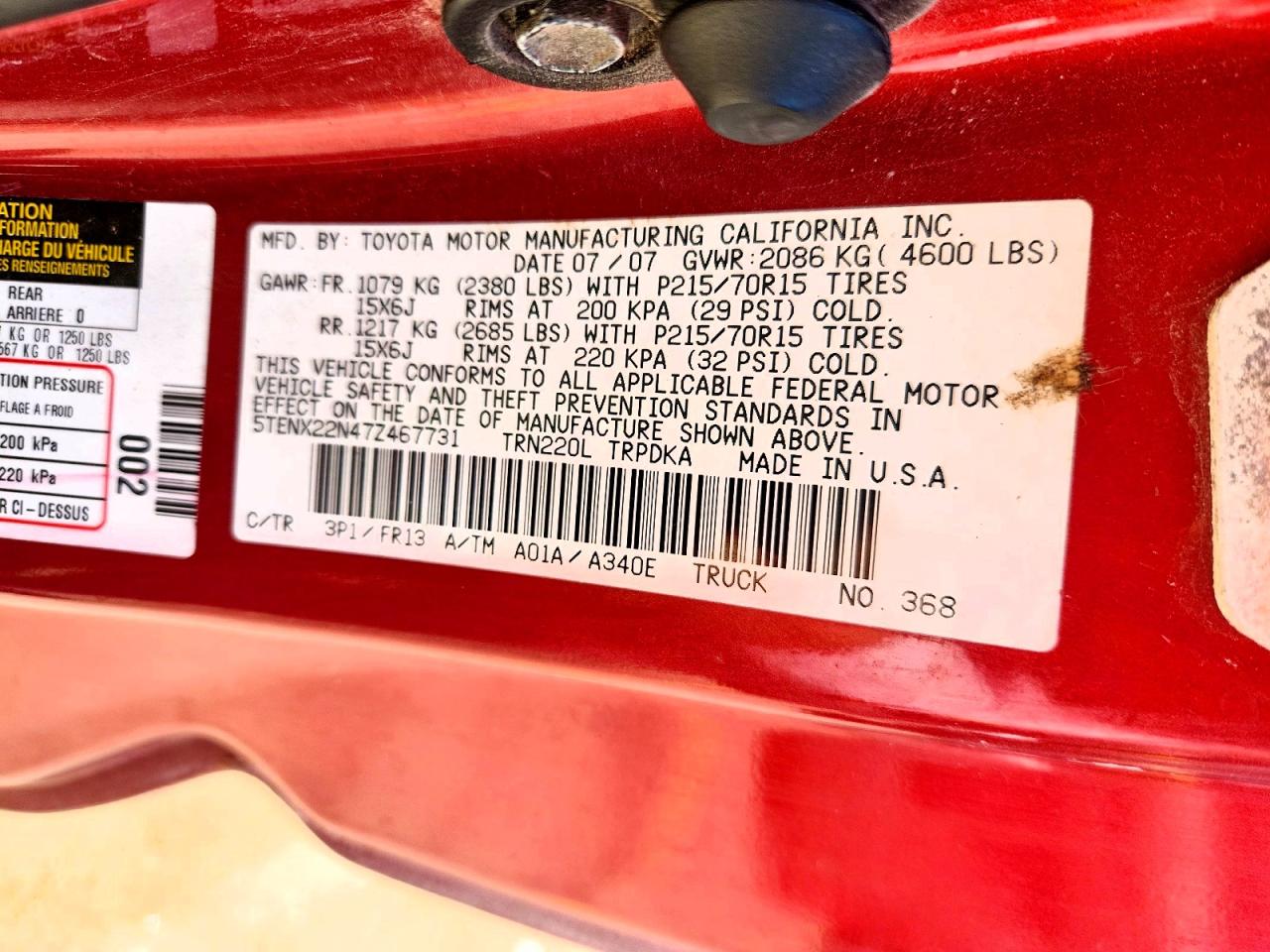 2007 Toyota Tacoma Base Red vin: 5TENX22N47Z467731