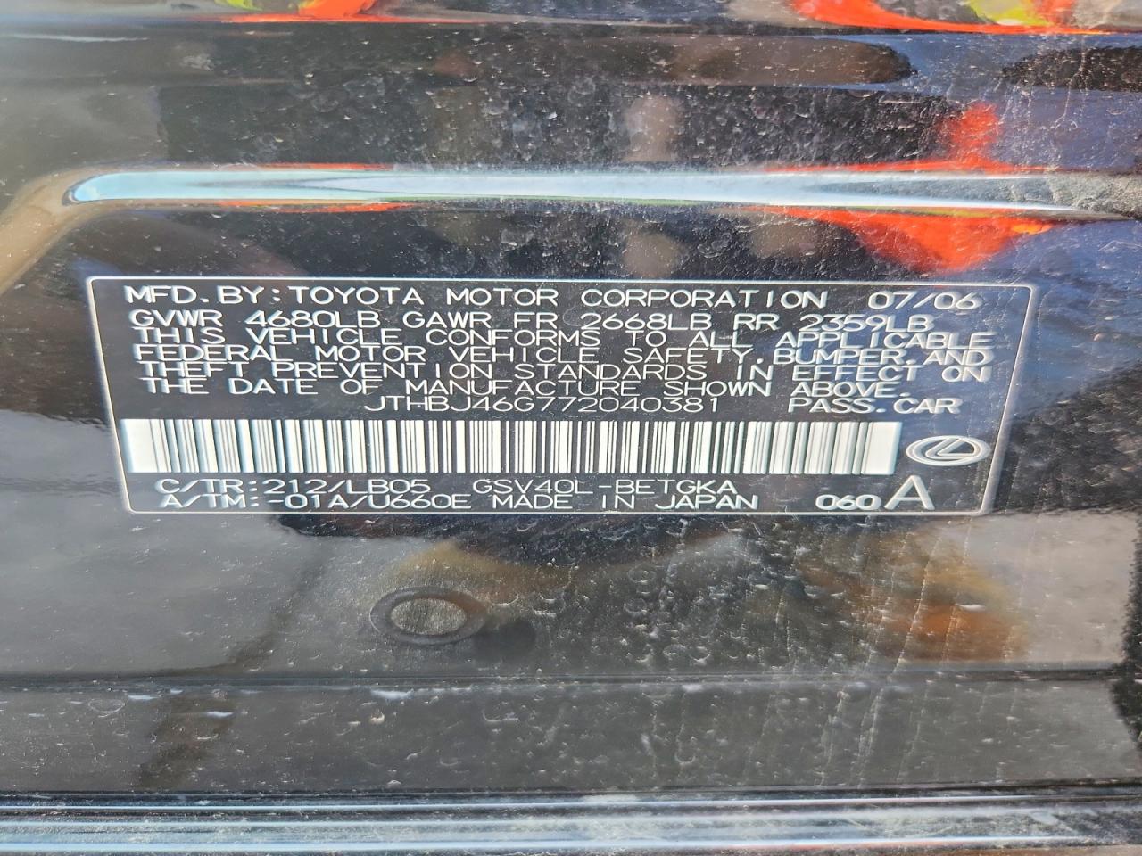 2007 Lexus Es 350 Black vin: JTHBJ46G772040381