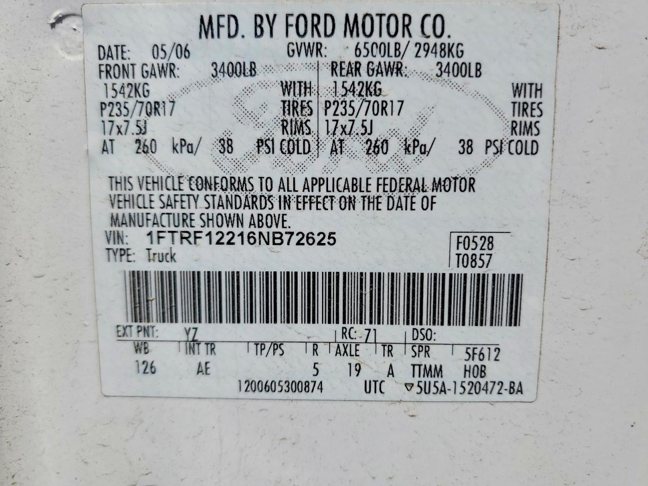 2006 Ford F150 White vin: 1FTRF12216NB72625