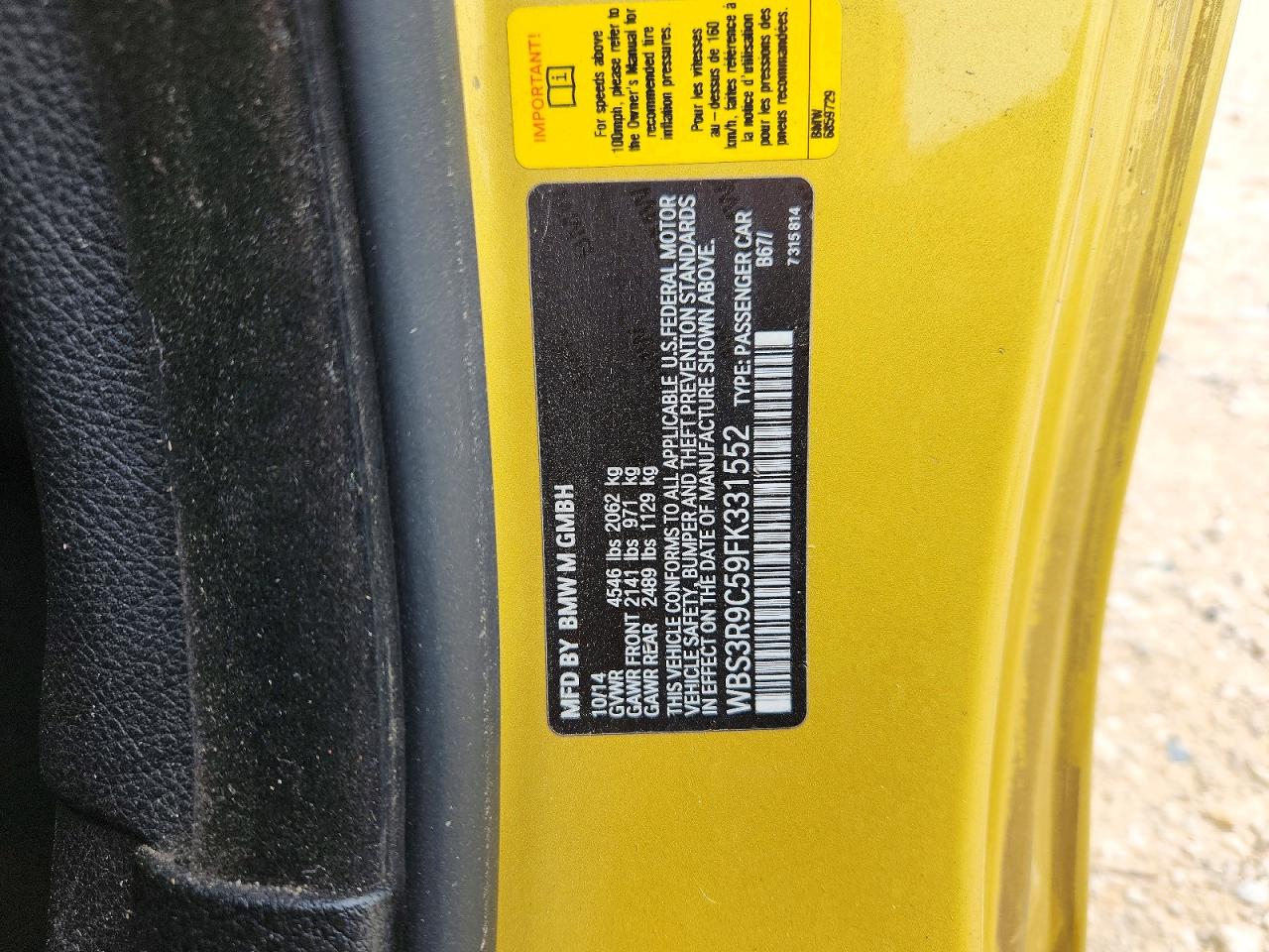 2015 Bmw M4 Yellow vin: WBS3R9C59FK331552