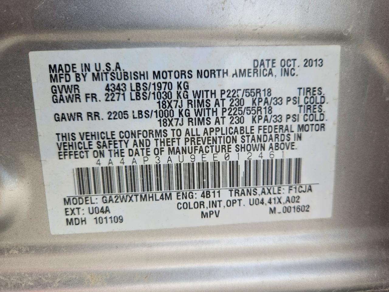 2014 Mitsubishi Outlander Sport Es Silver vin: 4A4AP3AU9EE012461
