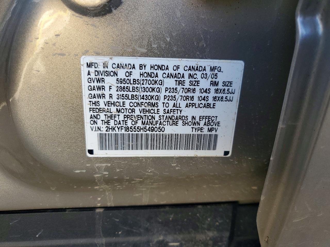 2005 Honda Pilot Exl Gold vin: 2HKYF18555H549050