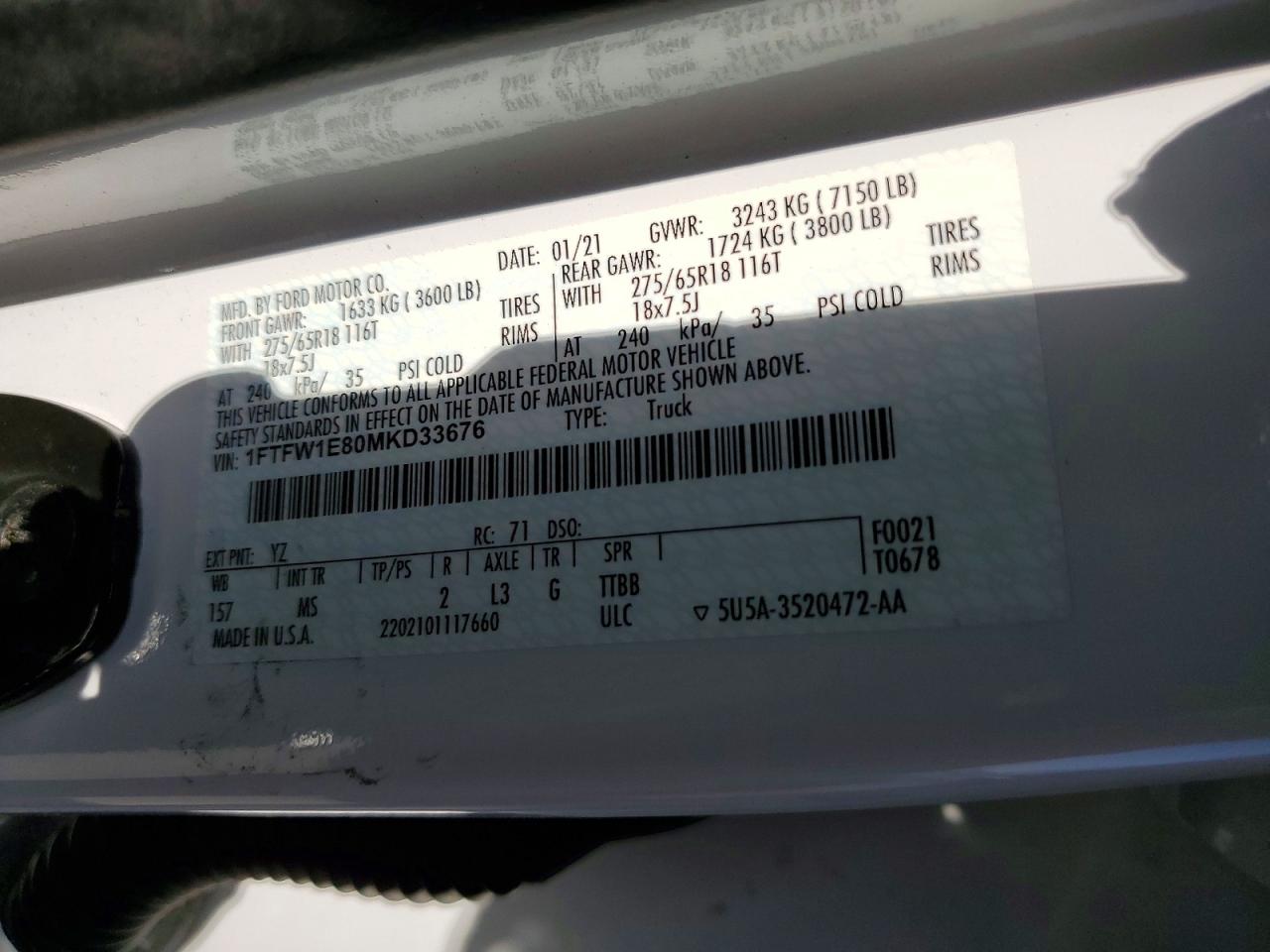 2021 Ford F150 Supercrew White vin: 1FTFW1E80MKD33676