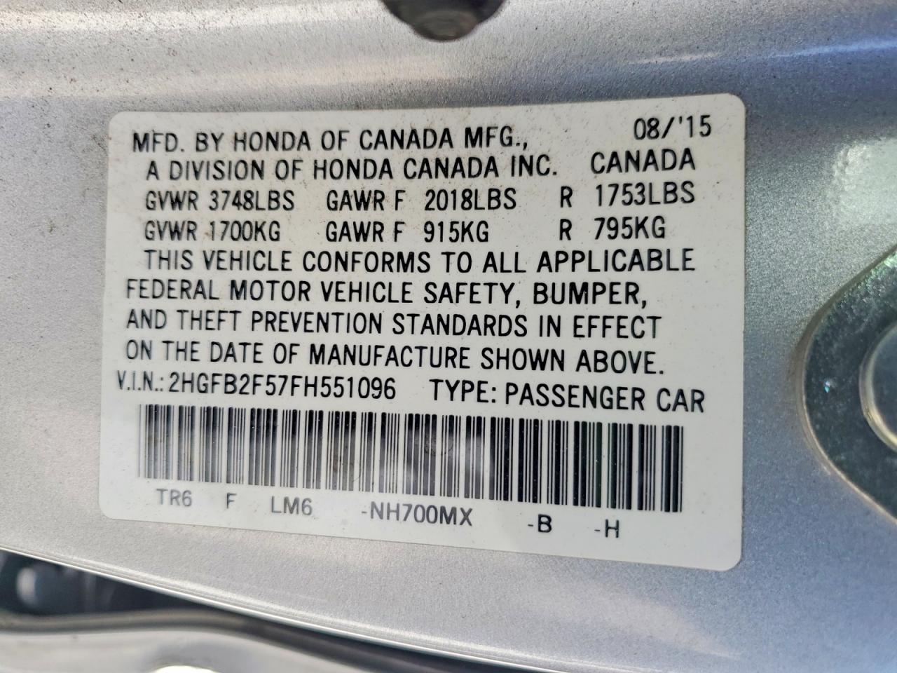 2015 Honda Civic Lx Silver vin: 2HGFB2F57FH551096