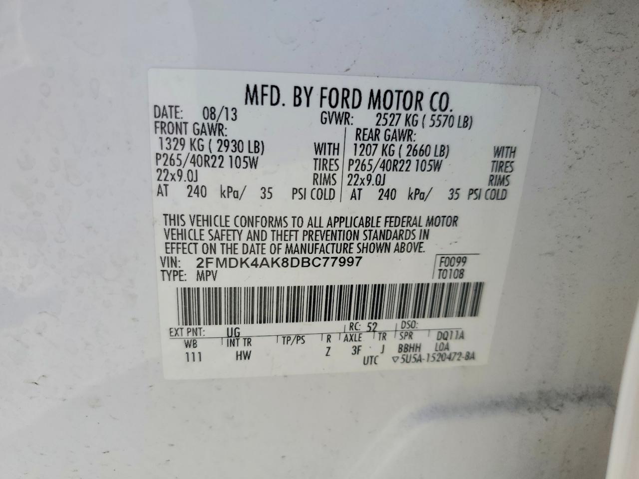 2013 Ford Edge Sport White vin: 2FMDK4AK8DBC77997