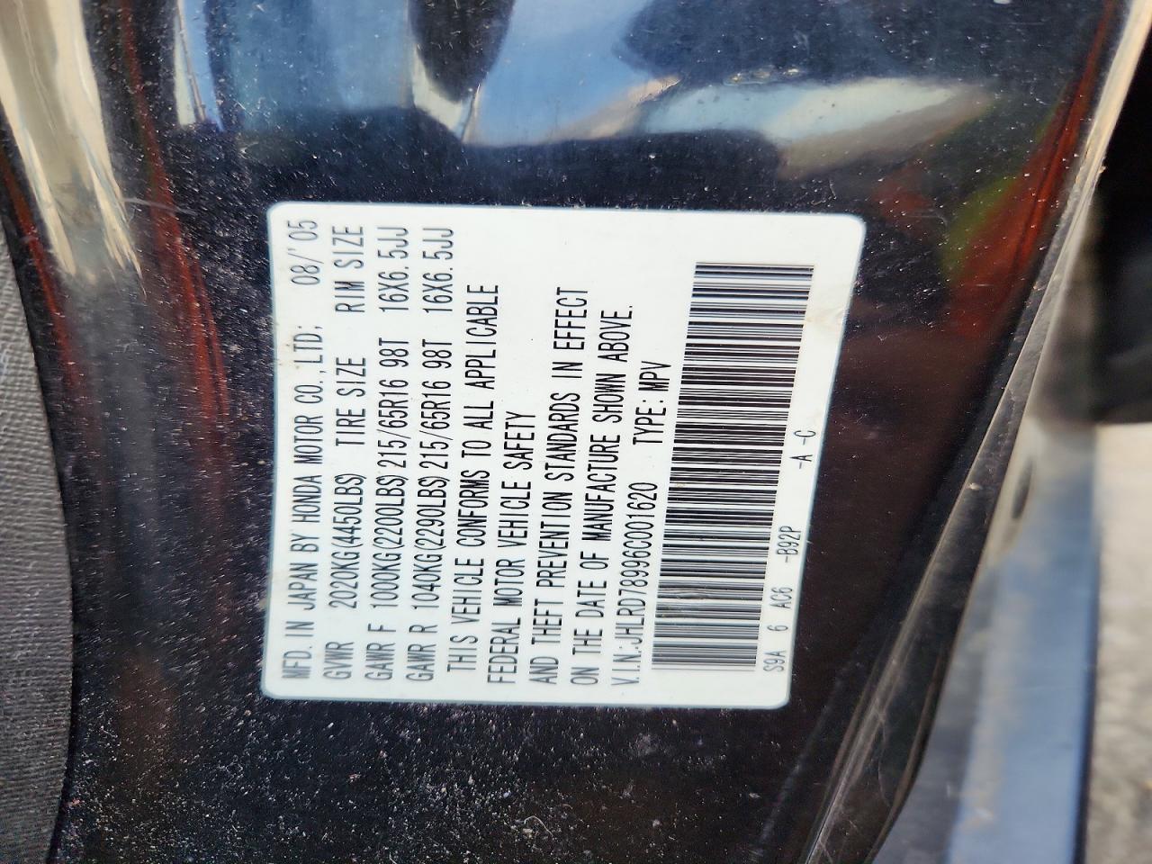 2006 Honda Cr-v Se Black vin: JHLRD78996C001620