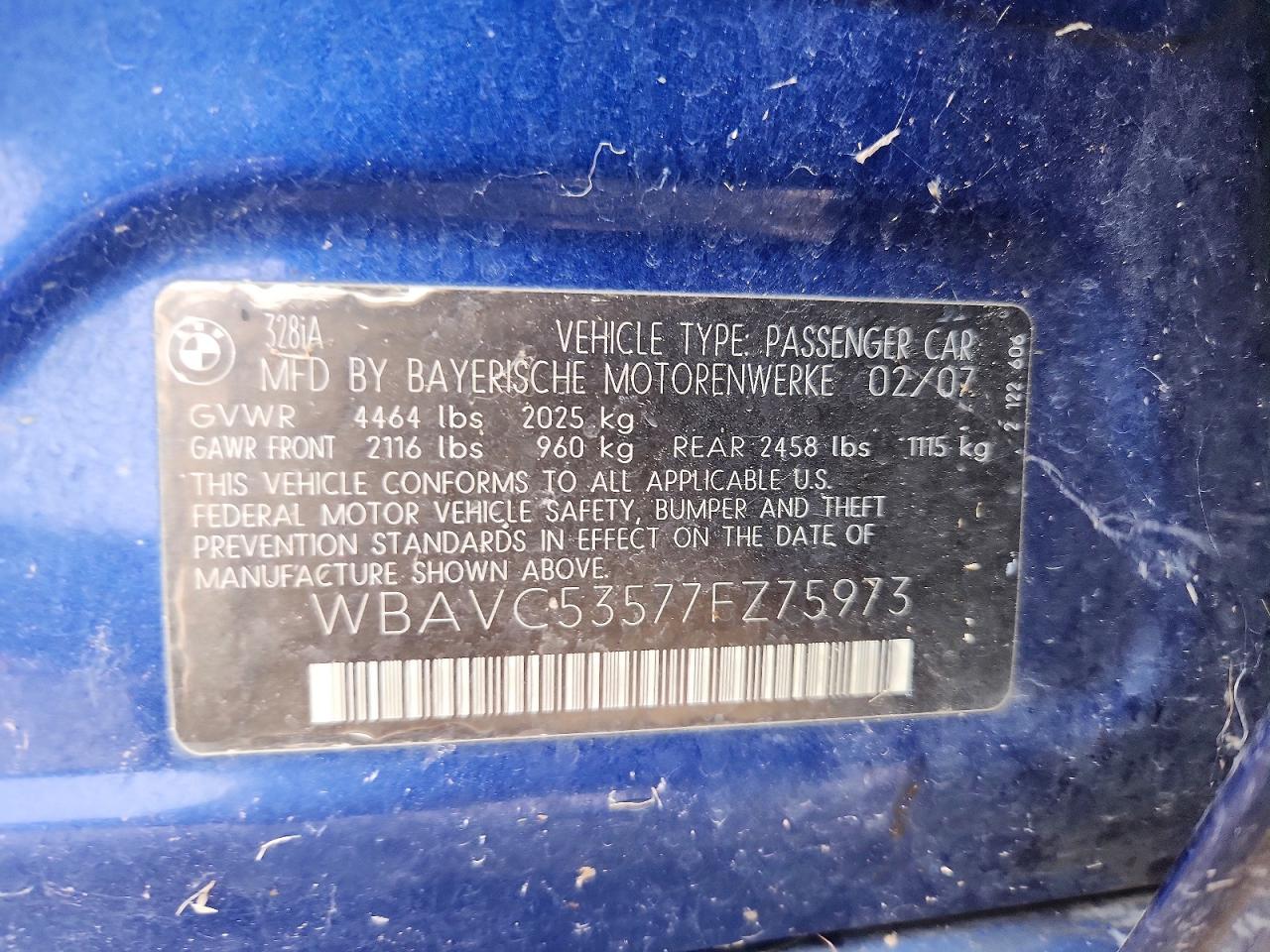 2007 Bmw 328 I Sulev Blue vin: WBAVC53577FZ75973