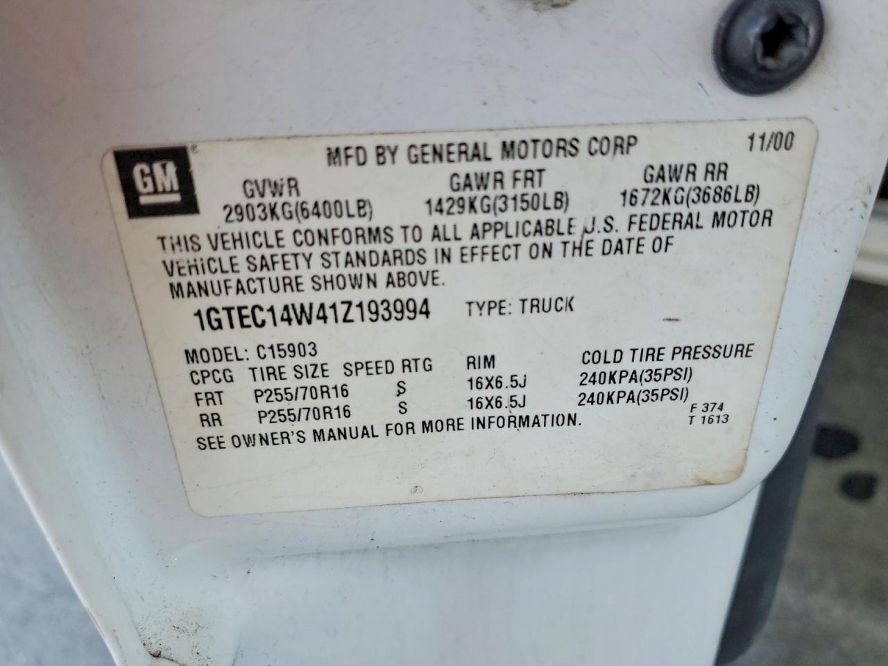 2001 Gmc New Sierra C1500 White vin: 1GTEC14W41Z193994
