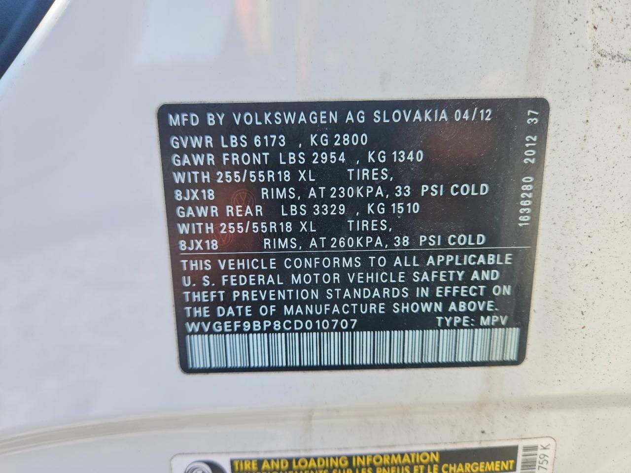2012 Volkswagen Touareg V6 White vin: WVGEF9BP8CD010707