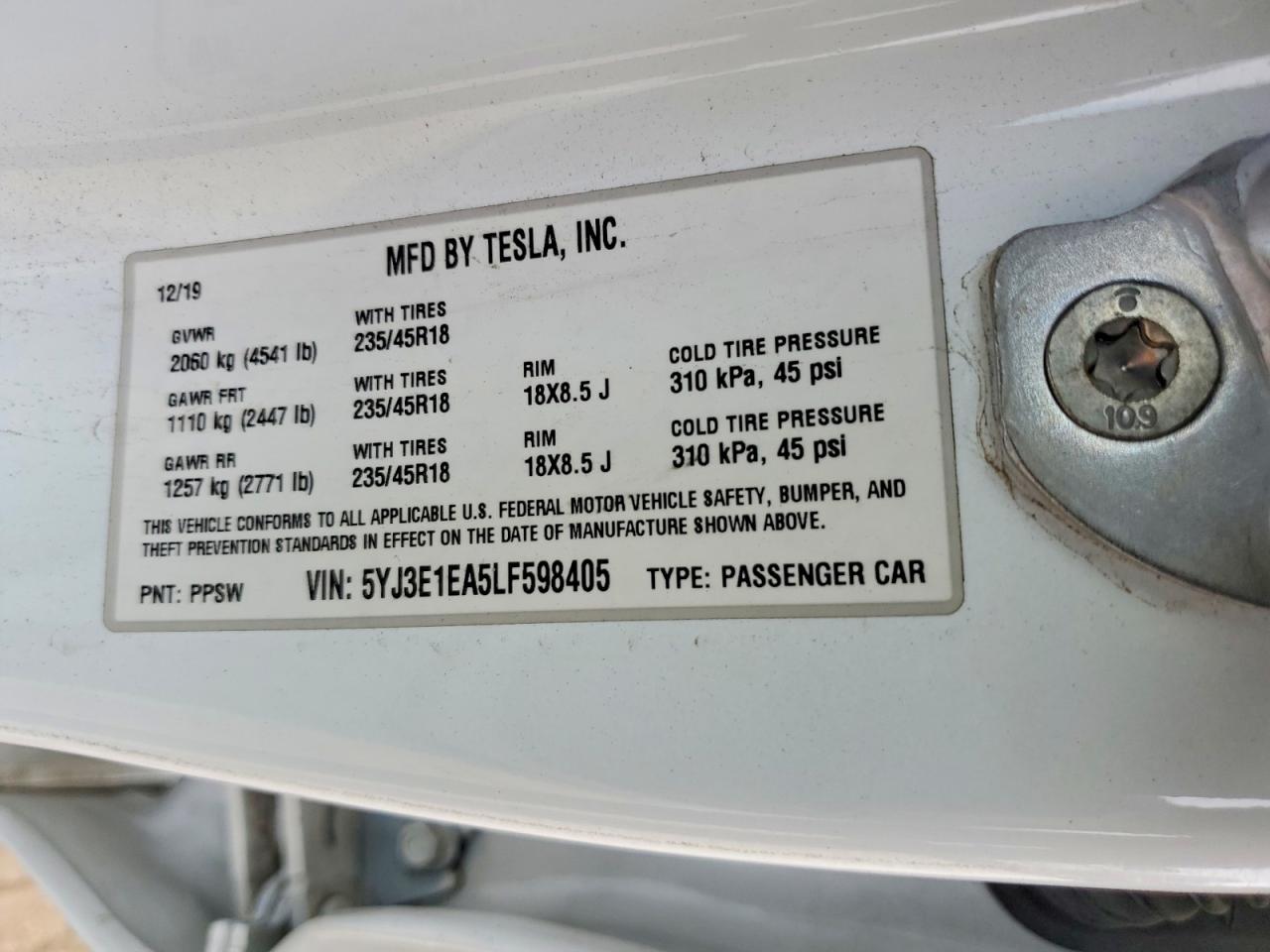 2020 Tesla Model 3 Белый vin: 5YJ3E1EA5LF598405
