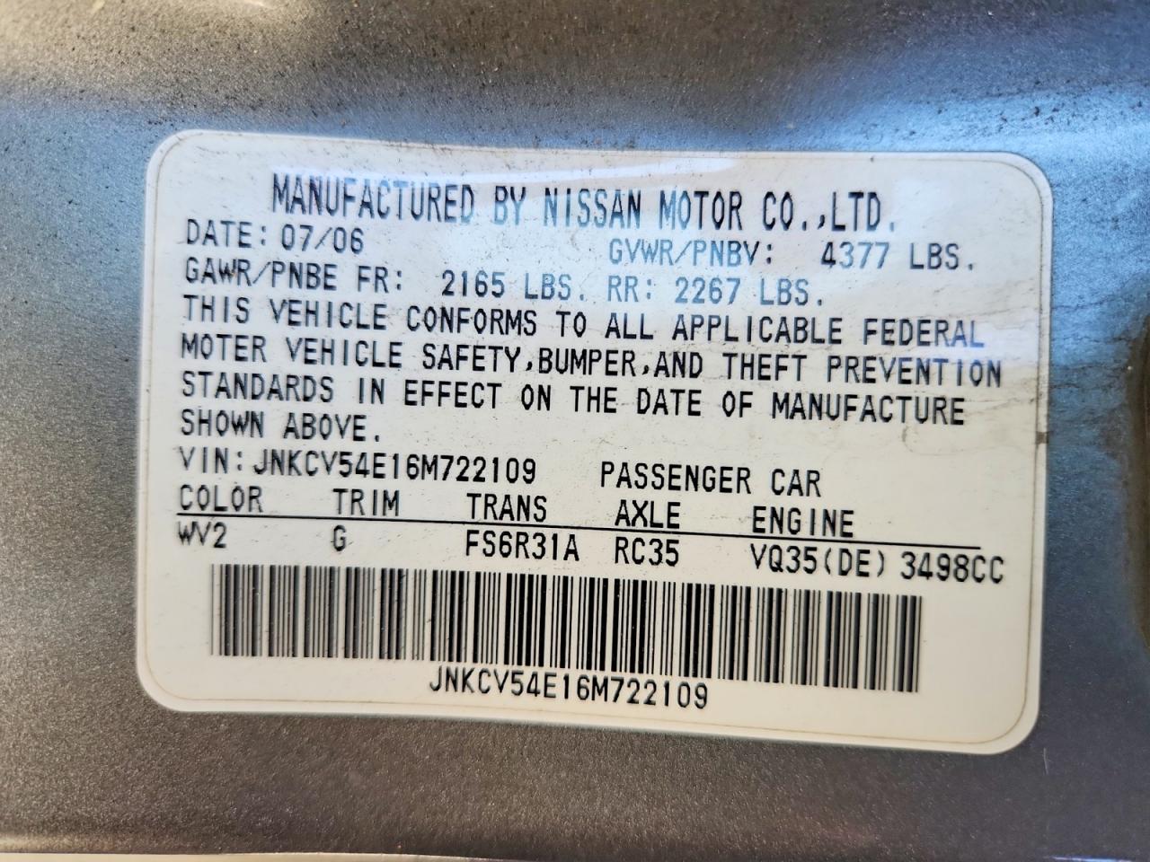 2006 Infiniti G35 Base Gray vin: JNKCV54E16M722109