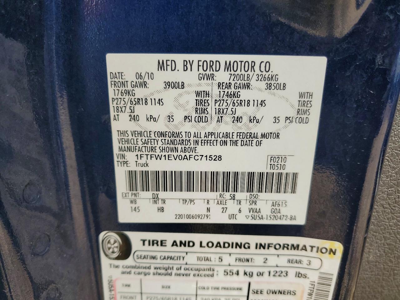 2010 Ford F150 Supercrew Black vin: 1FTFW1EV0AFC71528