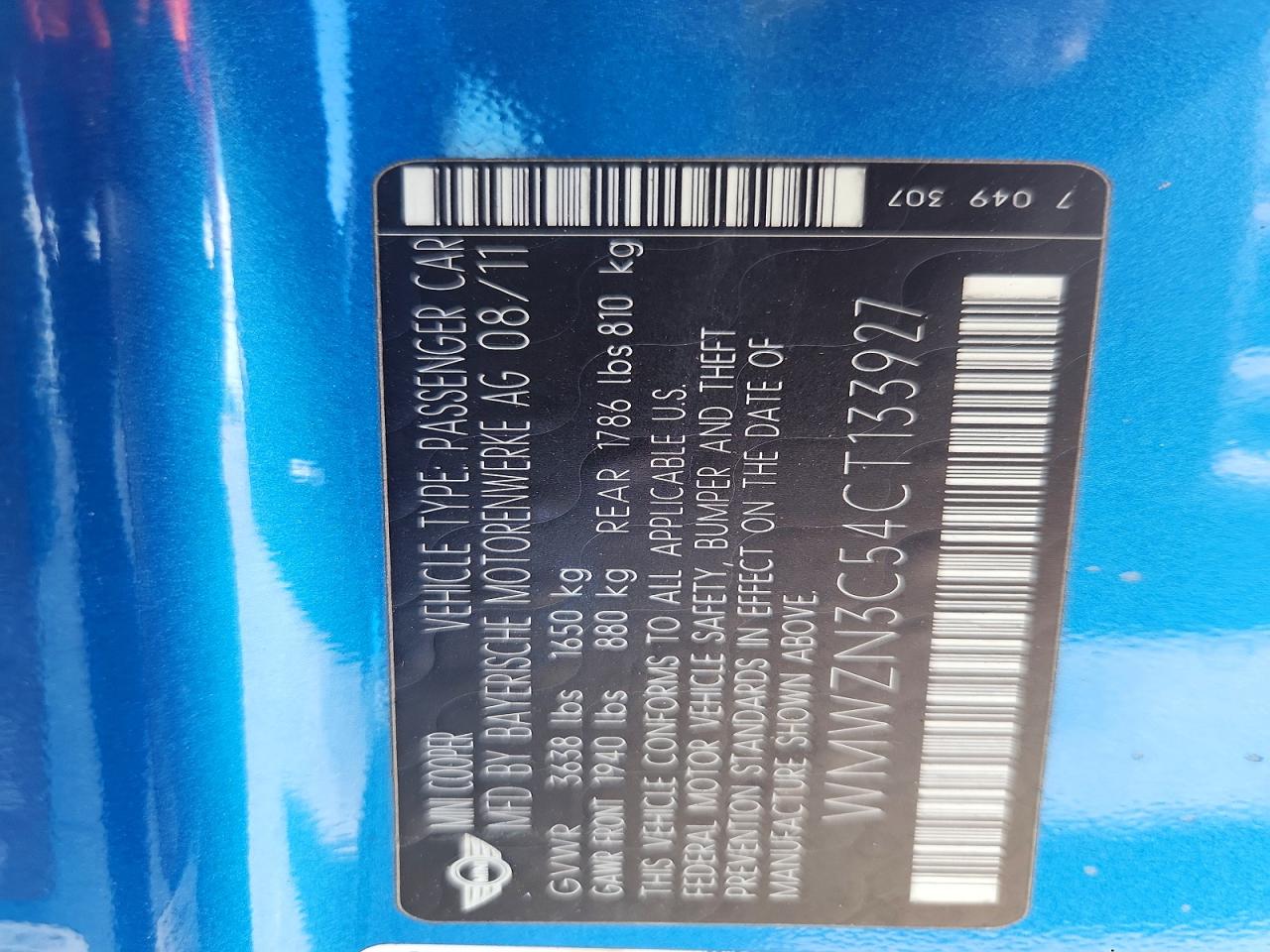 2012 Mini Cooper Blue vin: WMWZN3C54CT133927