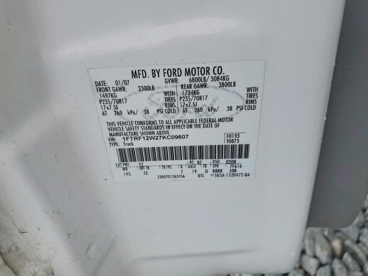 2007 Ford F150 White vin: 1FTRF12W27KC09607