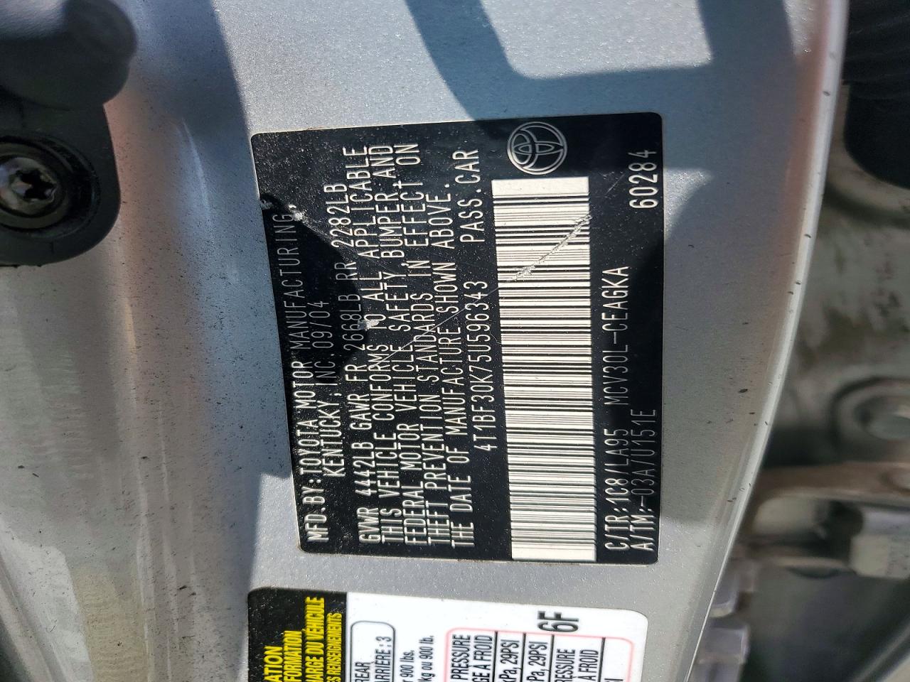 2005 Toyota Camry Xle V6 Silver vin: 4T1BF30K75U596343
