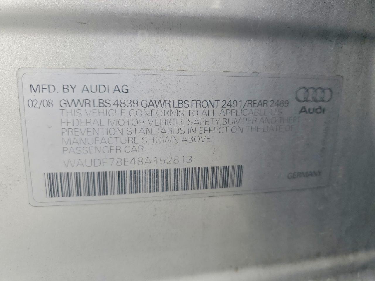 2008 Audi A4 2.0t Quattro Gray vin: WAUDF78E48A152813