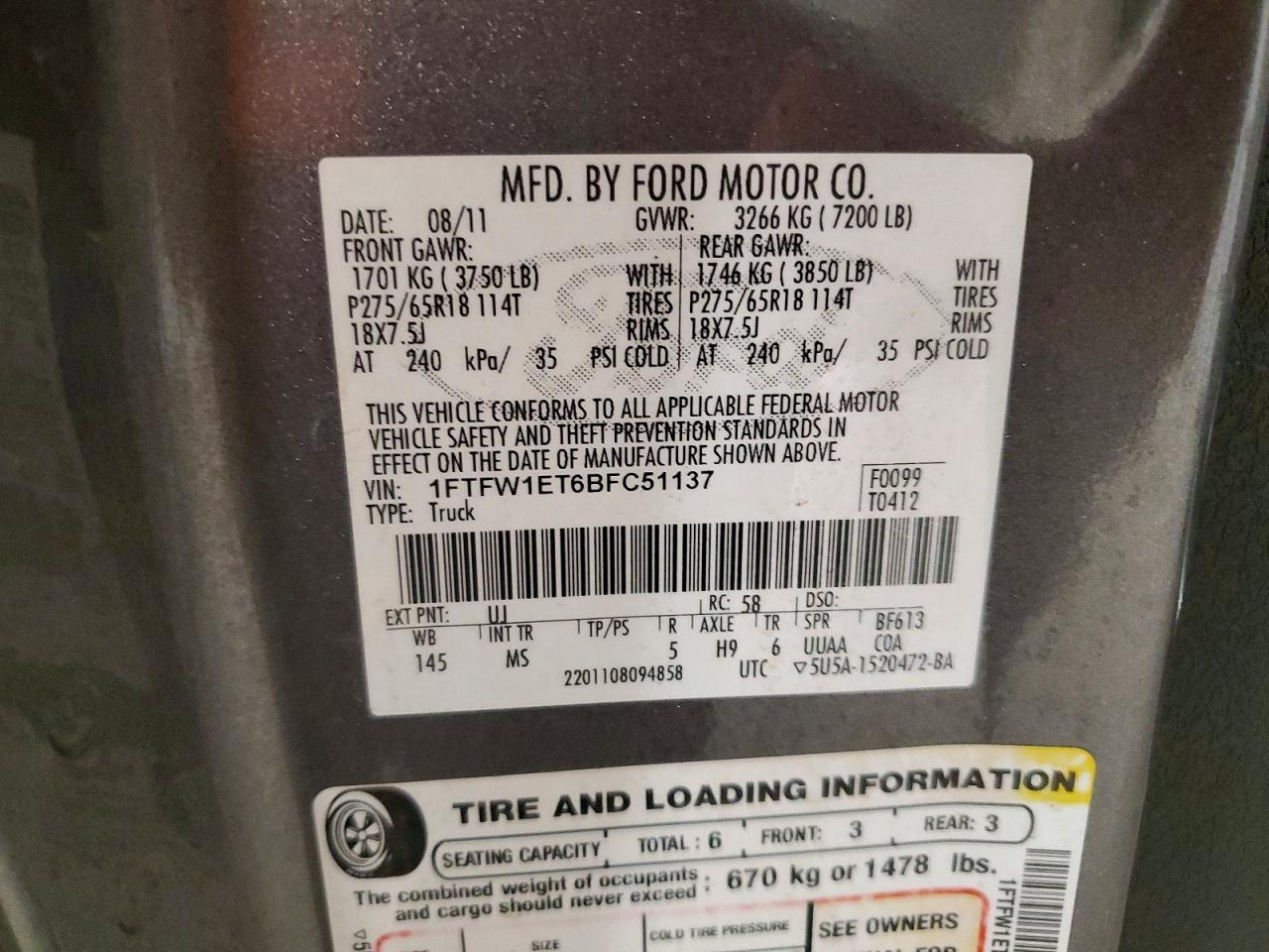 2011 Ford F150 Supercrew Gray vin: 1FTFW1ET6BFC51137