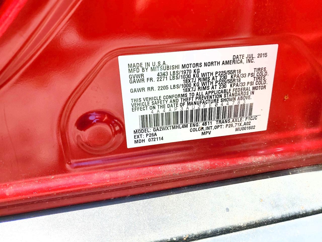 2015 Mitsubishi Outlander Sport Es Red vin: 4A4AP3AU2FE044783