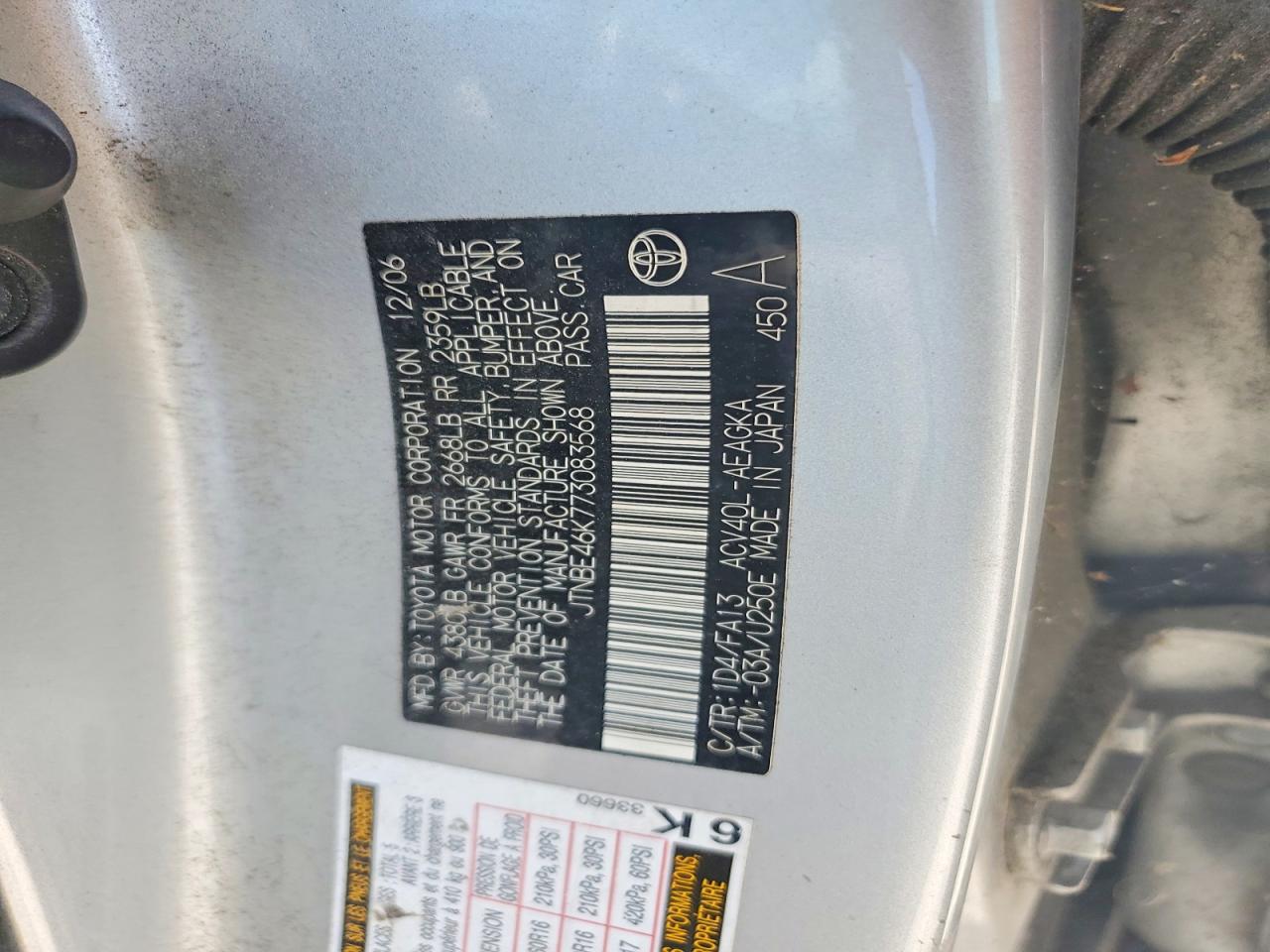 2007 Toyota Camry Xle Silver vin: JTNBE46K773083568