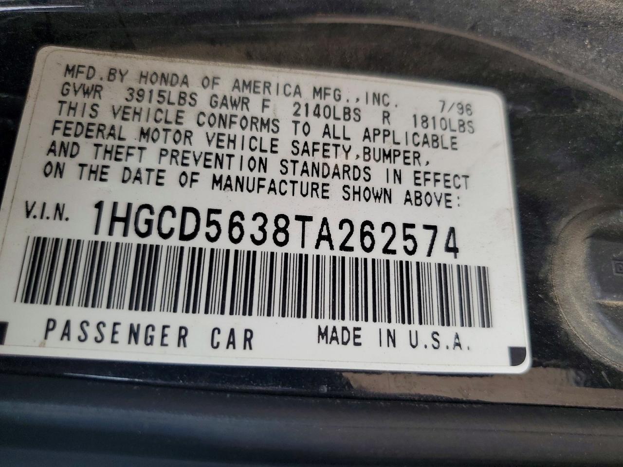 1996 Honda Accord Lx Черный vin: 1HGCD5638TA262574