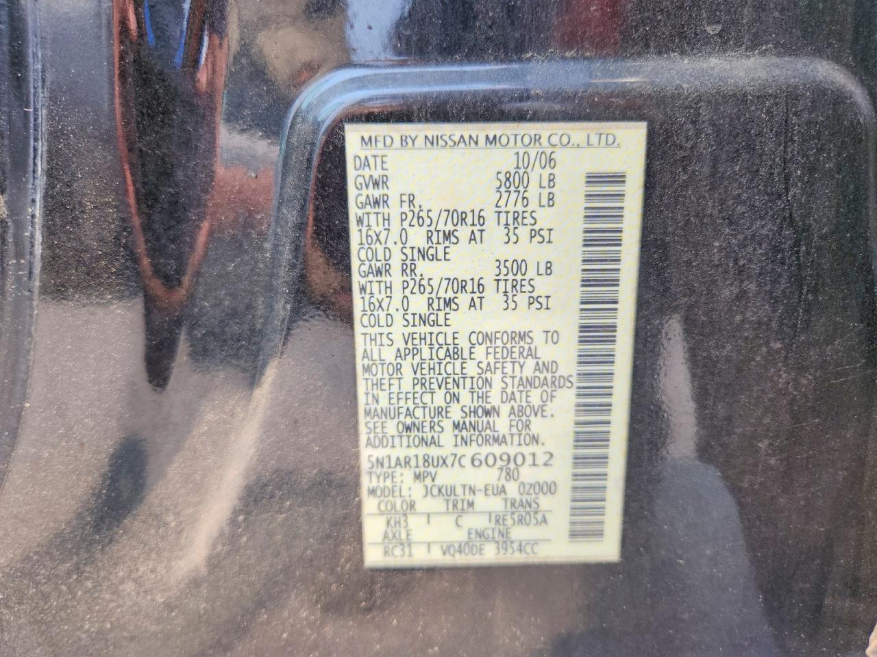 2007 Nissan Pathfinder S Black vin: 5N1AR18UX7C609012