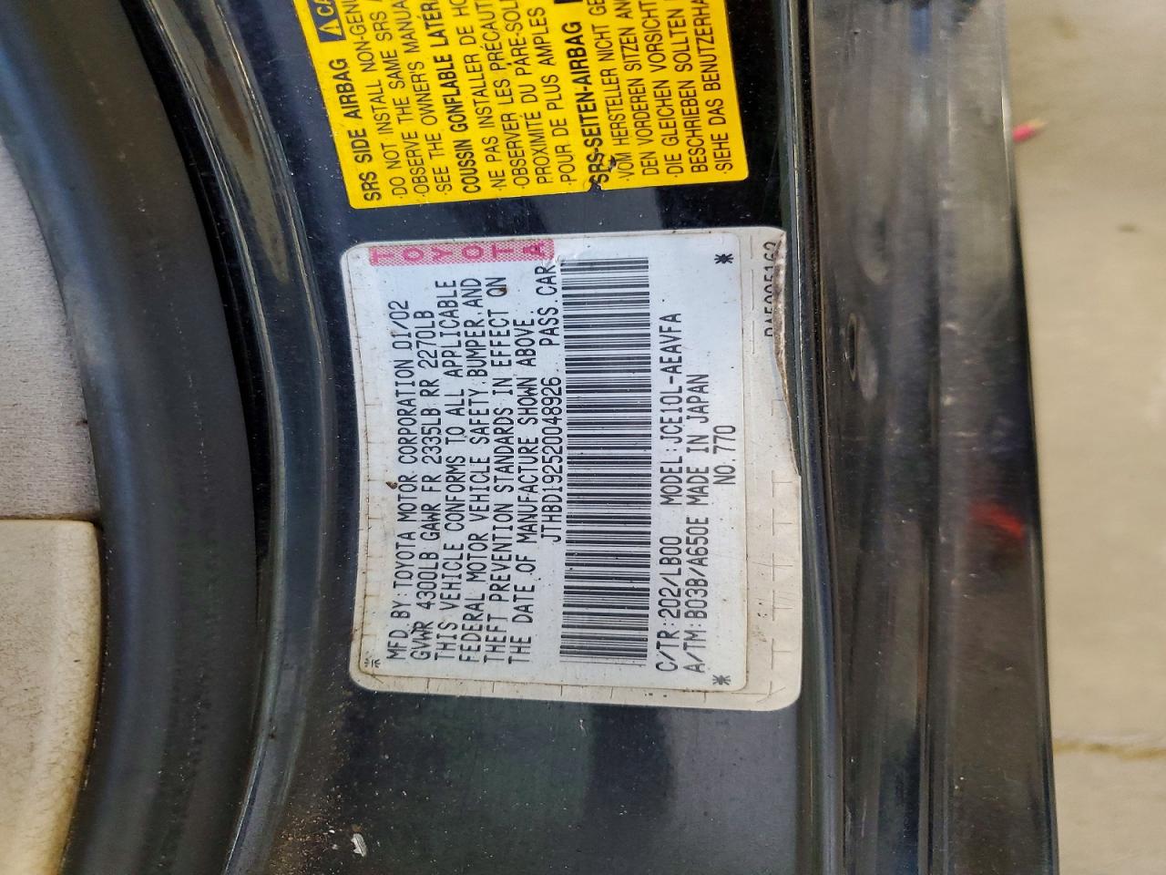 2002 Lexus Is 300 Base Черный vin: JTHBD192520048926