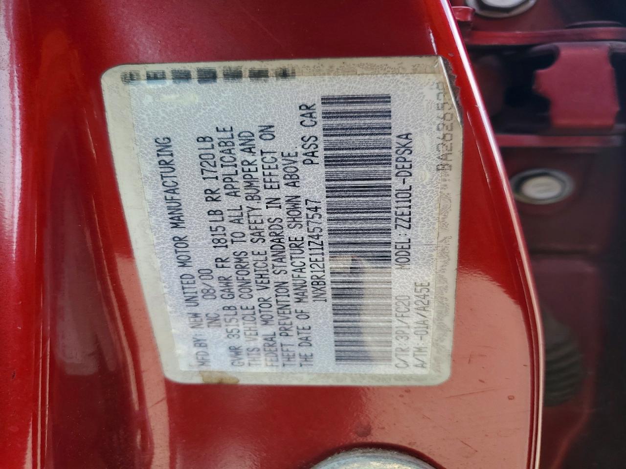 2001 Toyota Corolla S Red vin: 1NXBR12E11Z457547