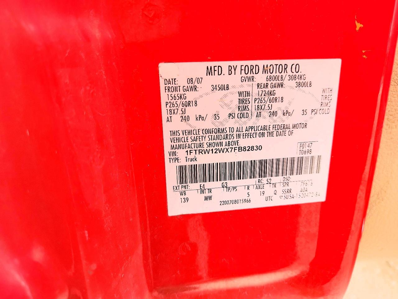 2007 Ford F150 Supercrew Red vin: 1FTRW12WX7FB82830