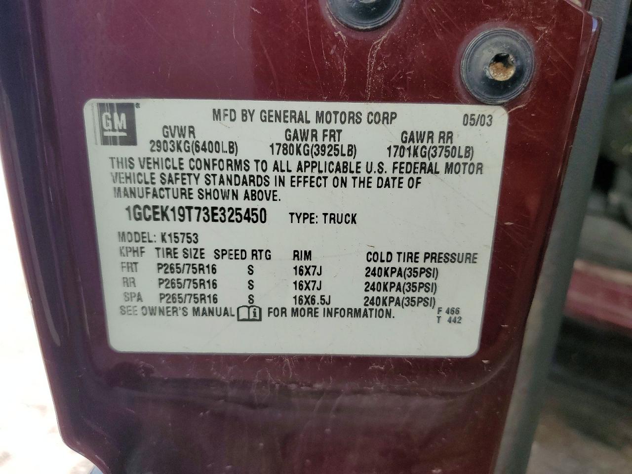 2003 Chevrolet Silverado K1500 Maroon vin: 1GCEK19T73E325450