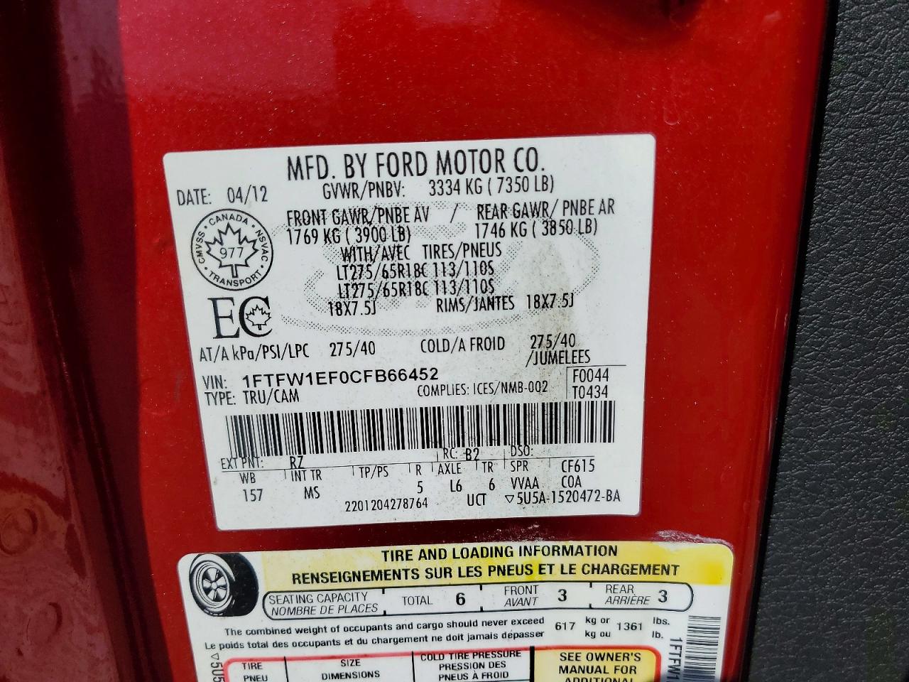 2012 Ford F150 Supercrew Red vin: 1FTFW1EF0CFB66452
