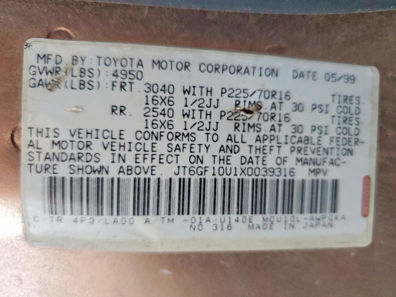 1999 Lexus Rx 300 Gold vin: JT6GF10U1X0039316