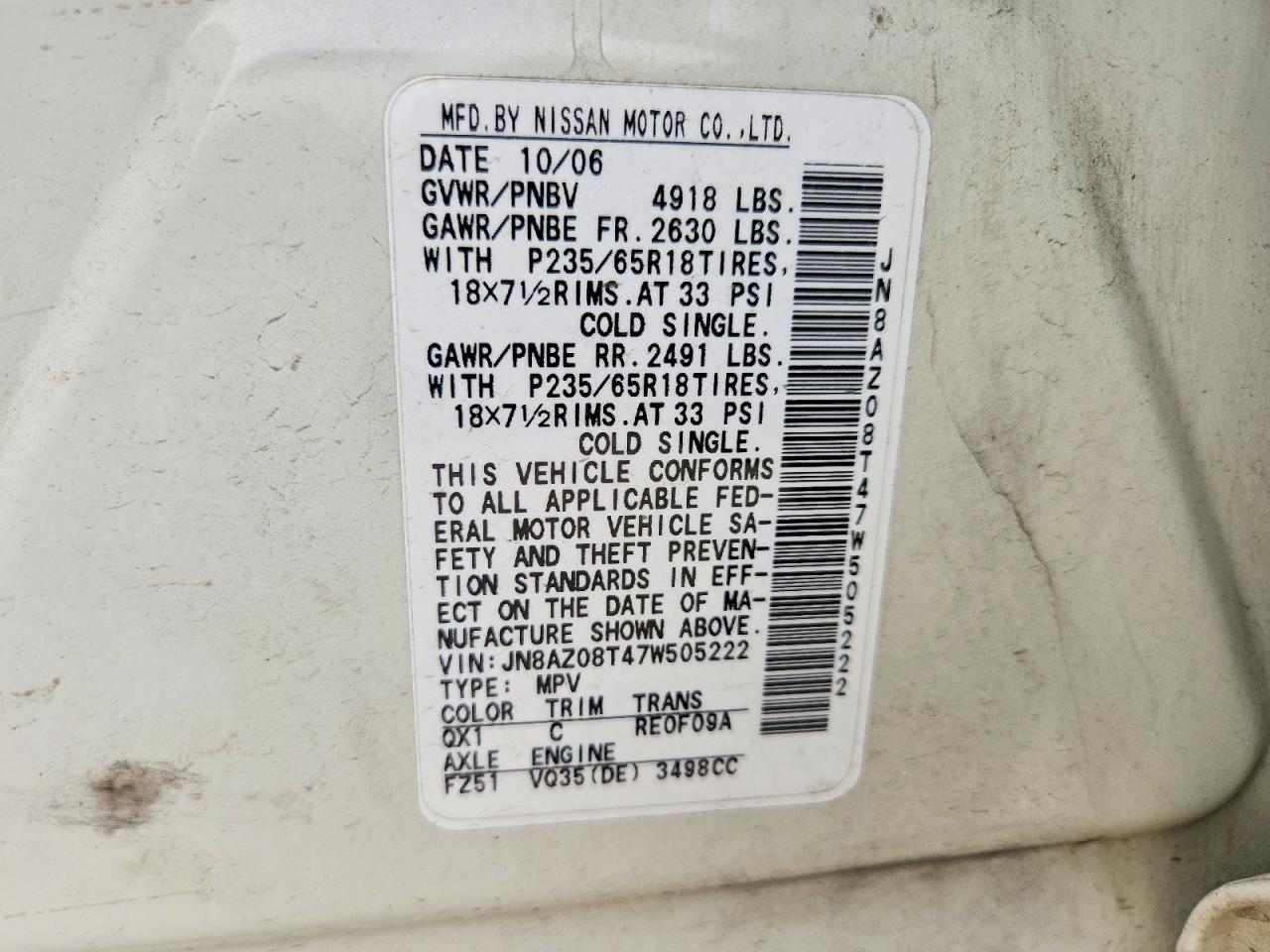 2007 Nissan Murano S White vin: JN8AZ08T47W505222