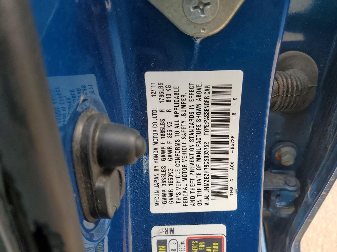 2012 Honda Insight Ex Blue vin: JHMZE2H79CS003752