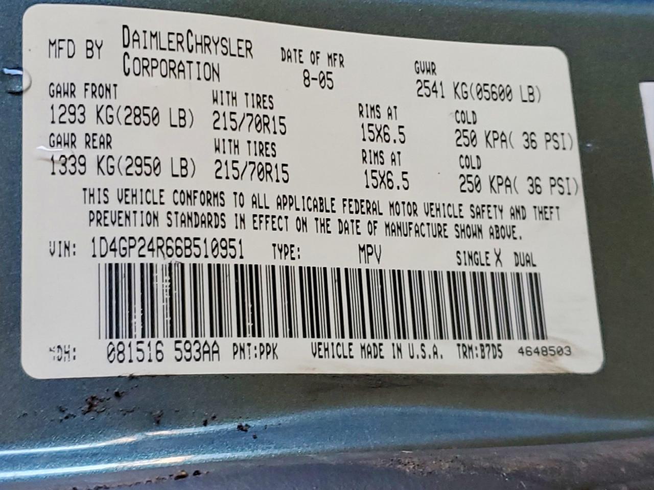 2006 Dodge Grand Caravan Se Turquoise vin: 1D4GP24R66B510951