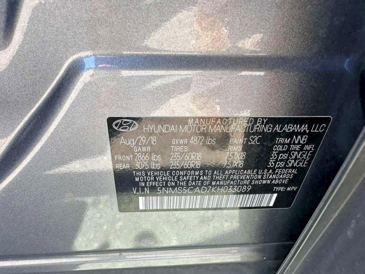 2019 Hyundai Santa Fe Limited 2.4l Серый vin: 5NMS5CAD7KH033089
