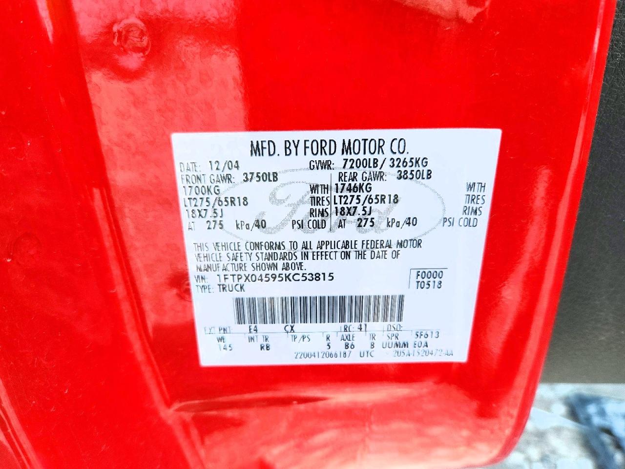 2005 Ford F150 Red vin: 1FTPX04595KC53815