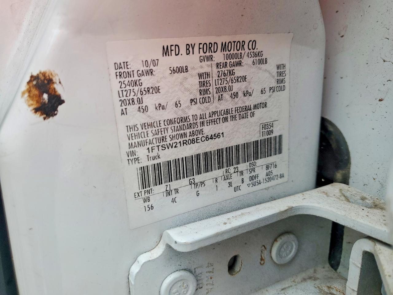 2008 Ford F250 Super Duty White vin: 1FTSW21R08EC64561