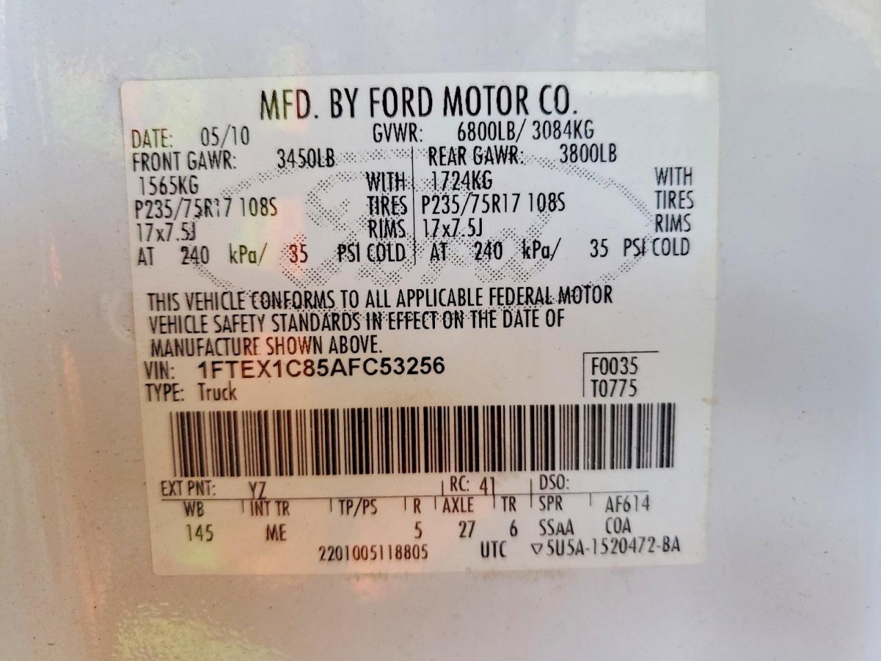 2010 Ford F150 Super Cab White vin: 1FTEX1C85AFC53256