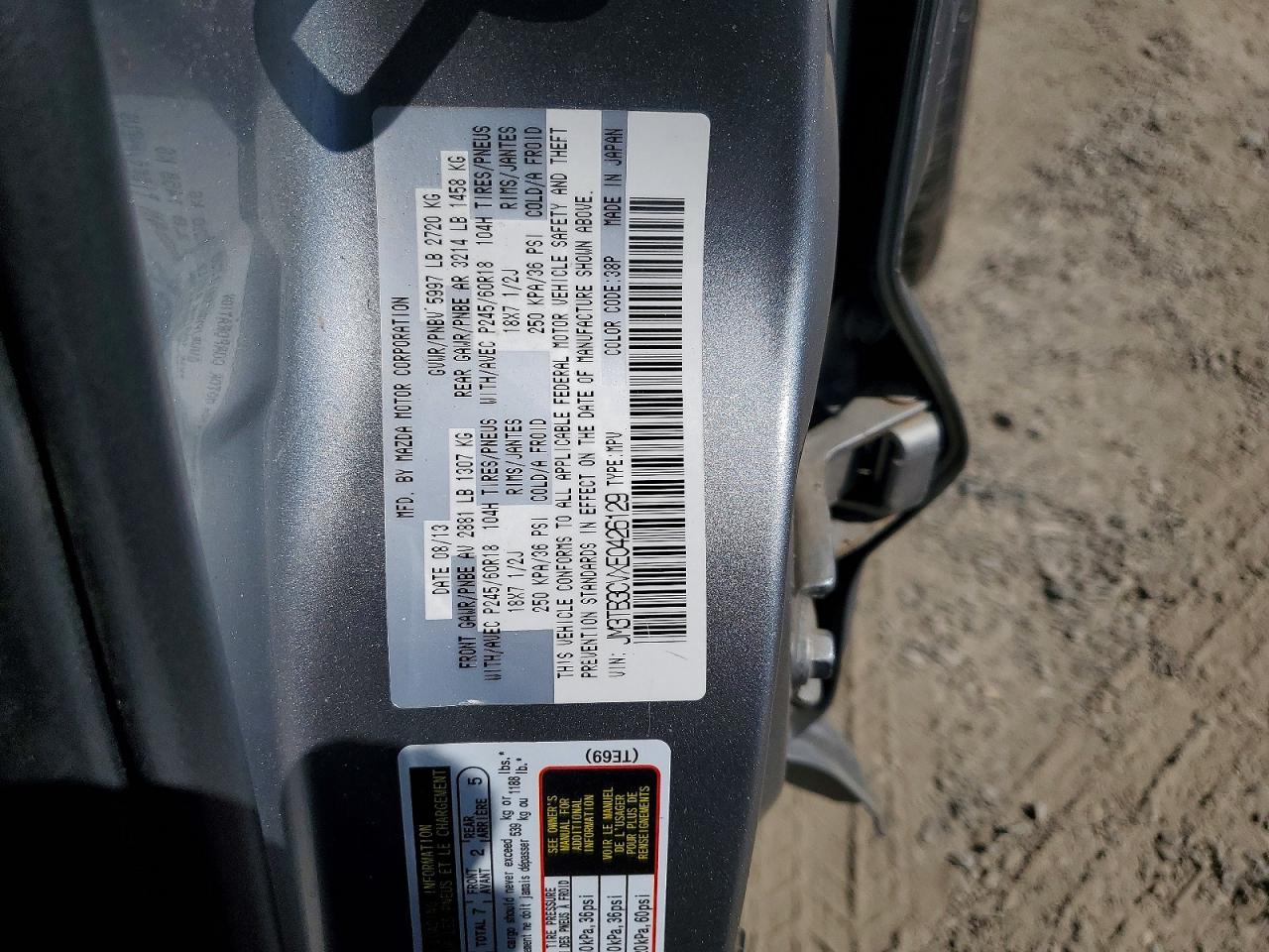 2014 Mazda Cx-9 Touring Silver vin: JM3TB3CVXE0426129