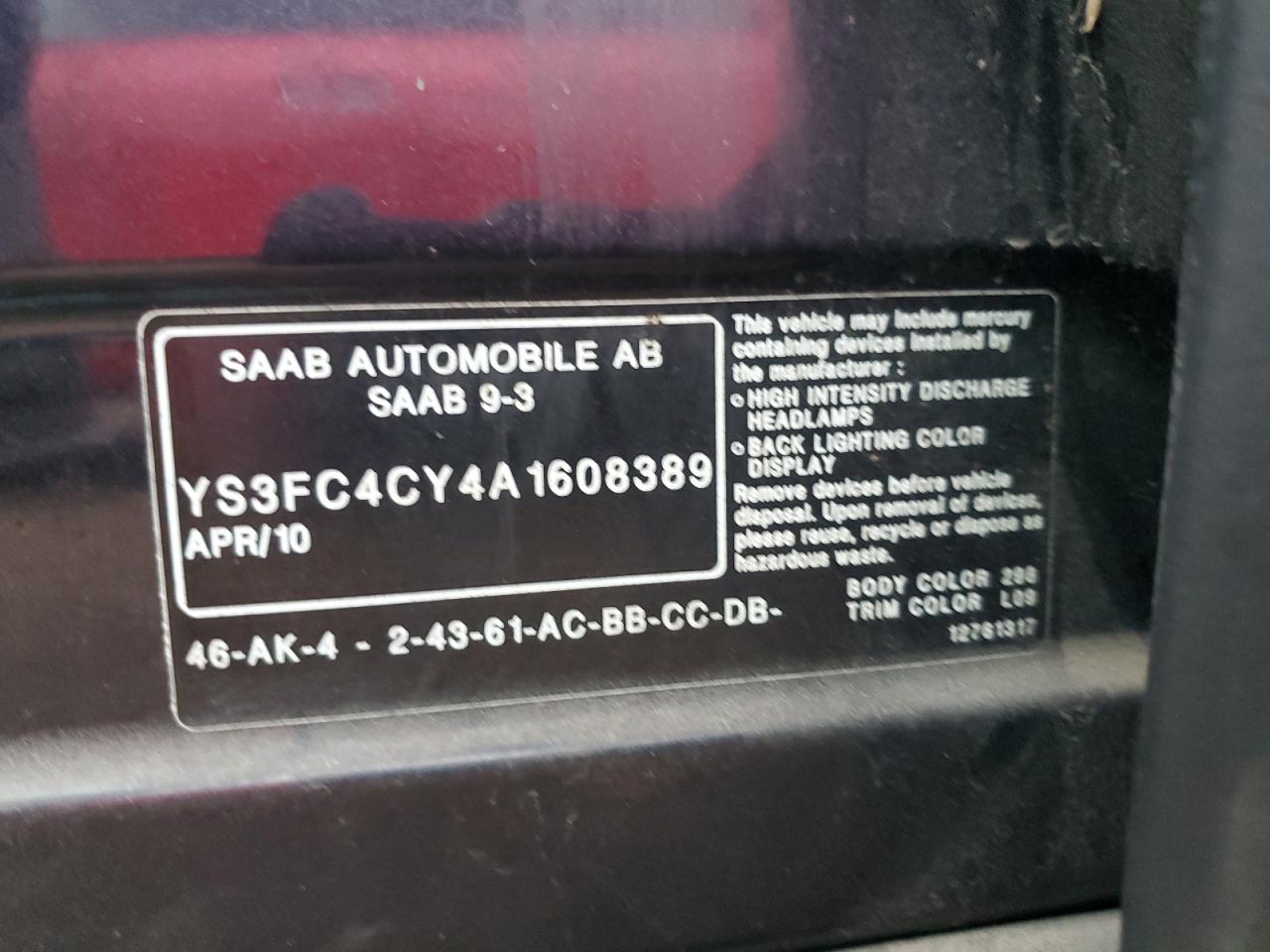 2010 Saab 9-3 Aero Black vin: YS3FC4CY4A1608389