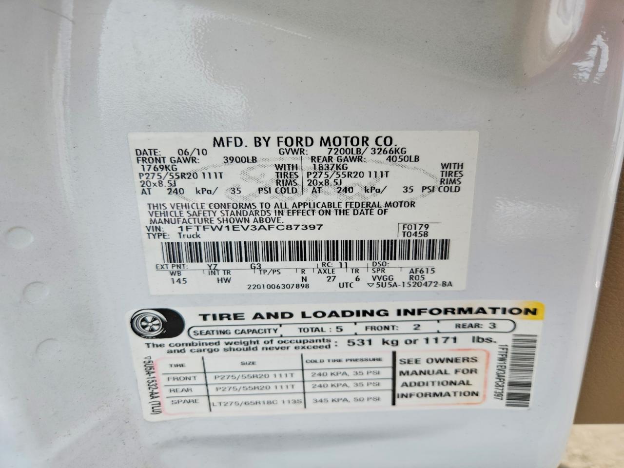 2010 Ford F150 Supercrew White vin: 1FTFW1EV3AFC87397