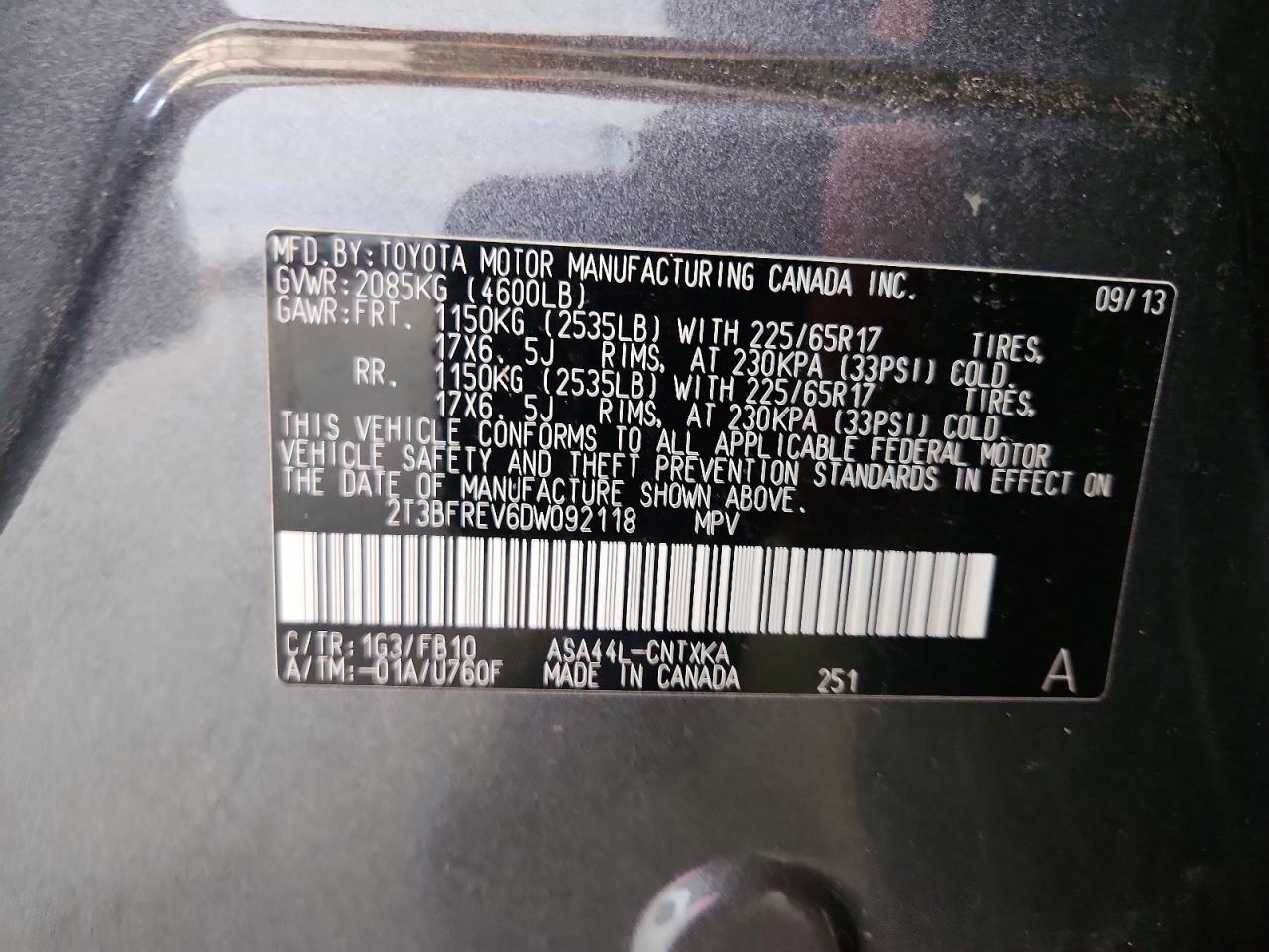 2013 Toyota Rav4 Le Charcoal vin: 2T3BFREV6DW092118