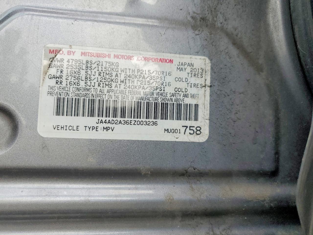 2014 Mitsubishi Outlander Es Gray vin: JA4AD2A36EZ003236