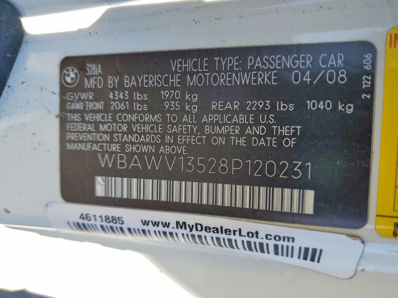 2008 Bmw 328 I Sulev White vin: WBAWV13528P120231
