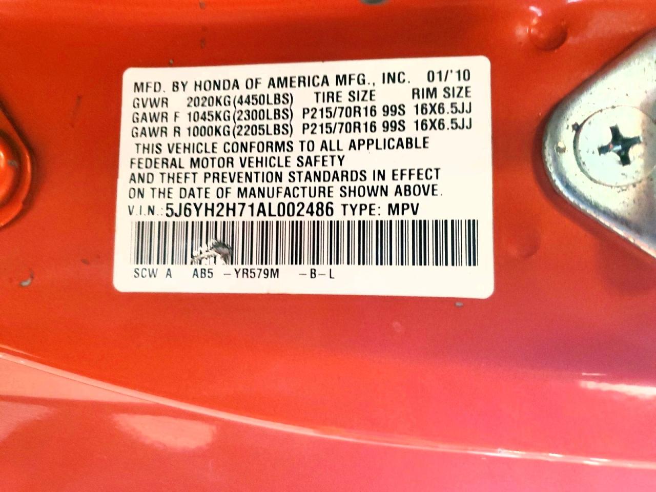 2010 Honda Element Ex Orange vin: 5J6YH2H71AL002486
