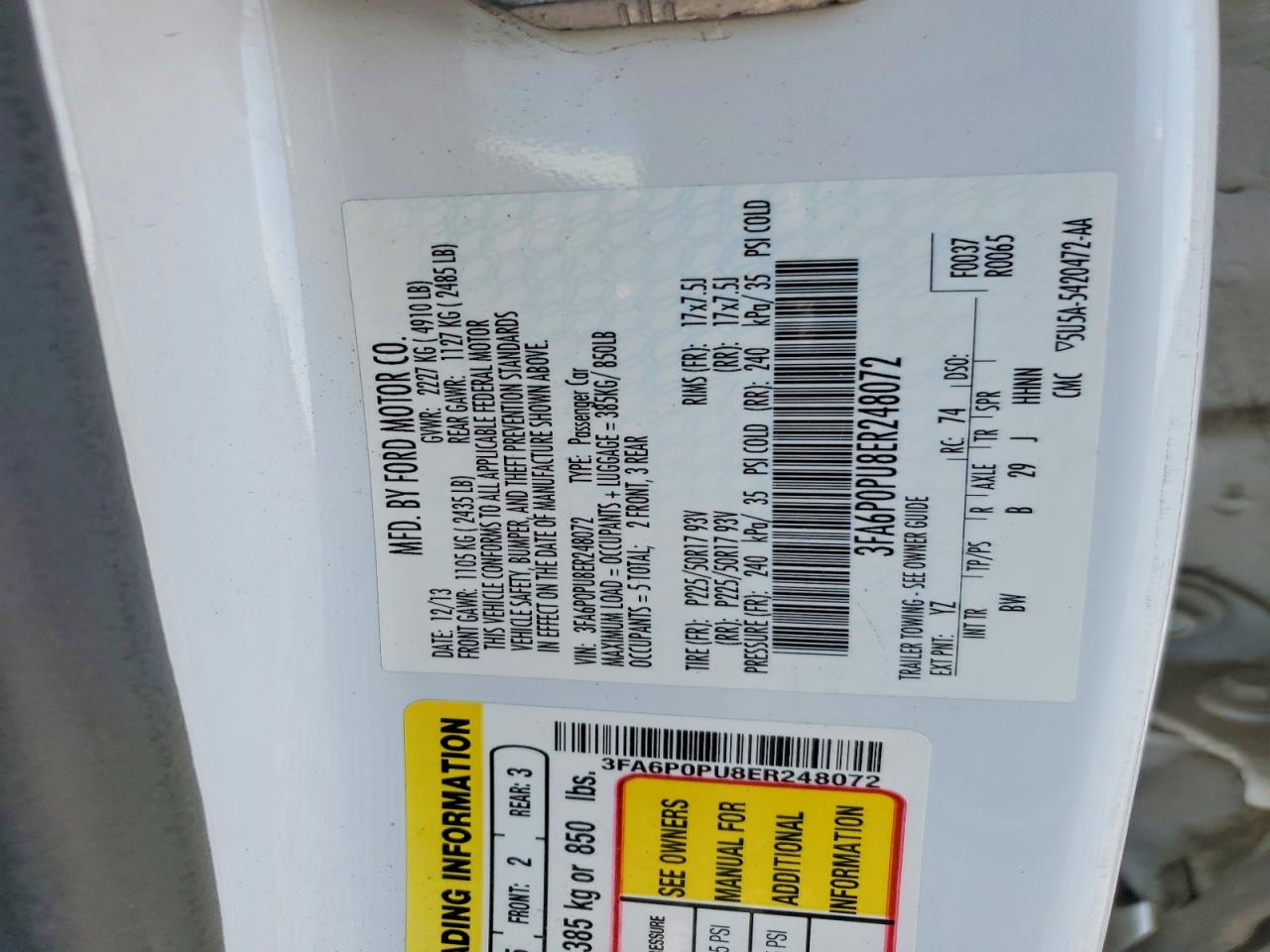 2014 Ford Fusion Se Phev White vin: 3FA6P0PU8ER248072