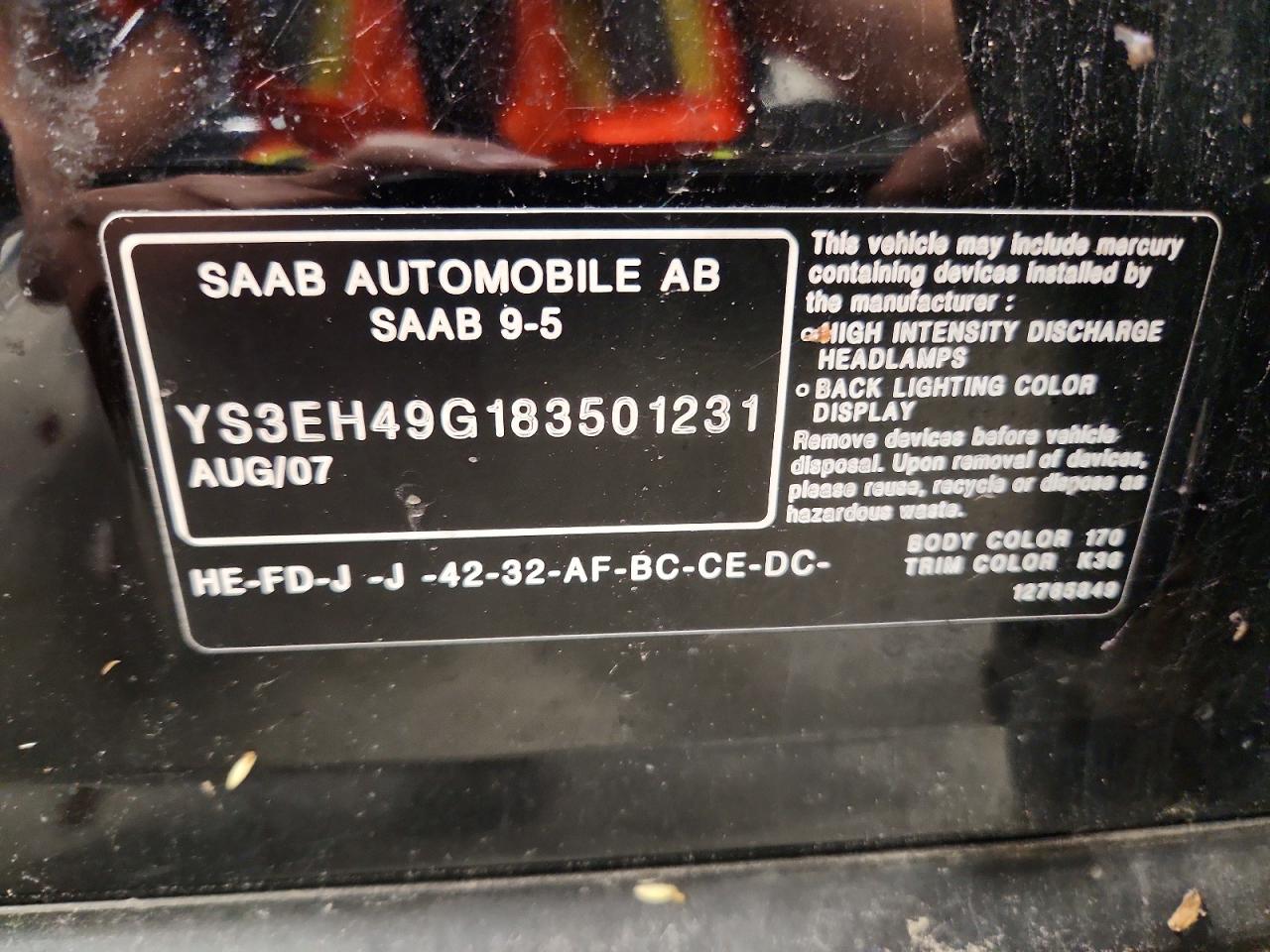 2008 Saab 9-5 Aero Черный vin: YS3EH49G183501231