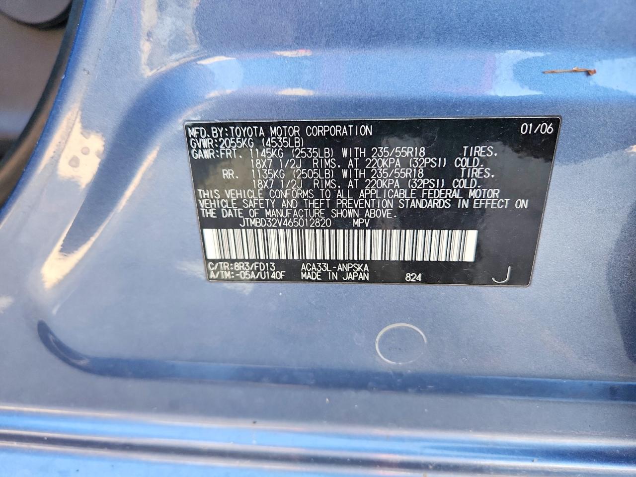 2006 Toyota Rav4 Sport Blue vin: JTMBD32V465012820
